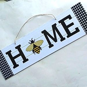 Farmhouse black white checkered home sign with bumble bee decor